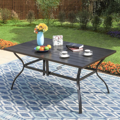 Powder-Coated Metal Outdoor Patio Dining Table Black Rectangular w/ Umbrella Hol-image