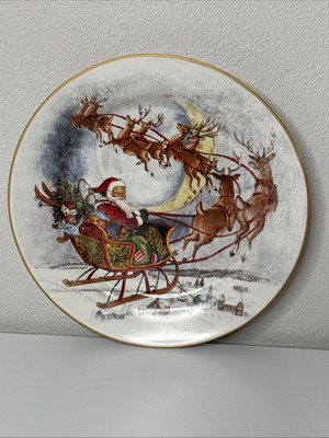 Pottery Barn NOSTALGIC SANTA CHRISTMAS Salad Plate Reindeer Sleigh 8.75