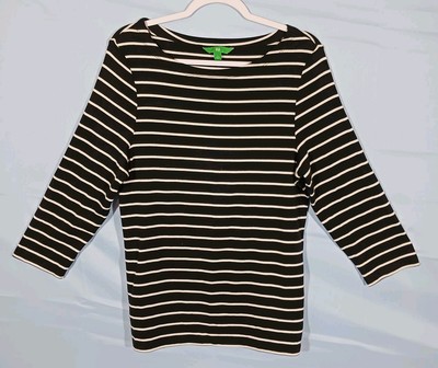 DIP Brand Top Women's Large Blsck and White Striped 3/4 Sleeve Cotton Blend Soft-image