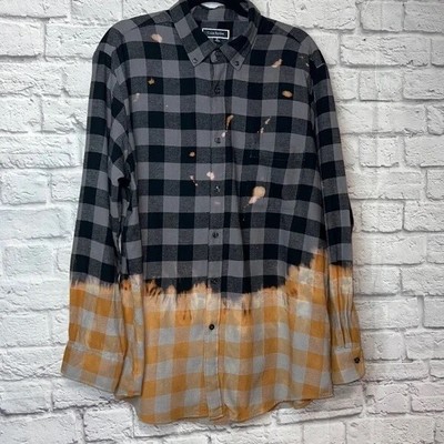 Black Gray Buffalo Check Plaid Dip Bleach Tie Dye Grunge Flannel Shirt XXL Fall-image