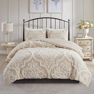Madison Park Viola 3 Piece Tufted Cotton Chenille Damask Duvet Cover Set-image