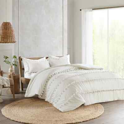 MADDISON PARK LEONA 3 PIECE FULL/QUEEN POM POM COTTON DUVET COVER SET NEW-image