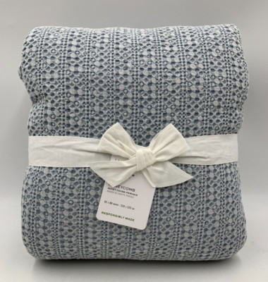 Pottery Barn Honeycomb Cotton Duvet Cover Light Chambray Blue Full Queen #N273-image