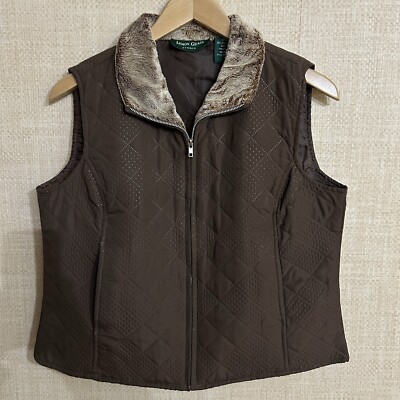 Lemon Grass Studio Women's Brown Quilted Full Zip Vest Faux Fur Collar Size PM-image