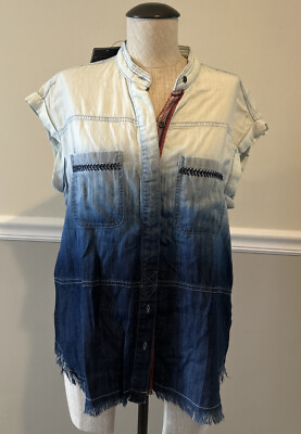 Jachs Girlfriend Women Large Sleeveless Blue dip dye raw hem Button Down M- NWT-image