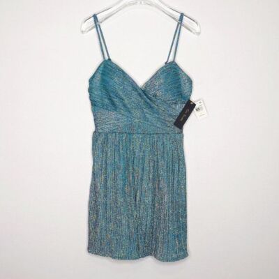 City Studio Teal Mini Dress Spaghetti Straps Metallic Glitter Fabric Size 5 NWT-image