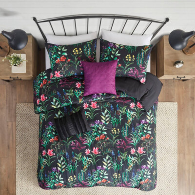 BLACK FLORAL Queen 7pc COMFORTER SET : COTTAGE FLOWERS SPRING GARDEN-image