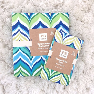 POTTERY BARN Teen  Newport Wave twin duvet cover sham 2pc green aqua mint blue-image