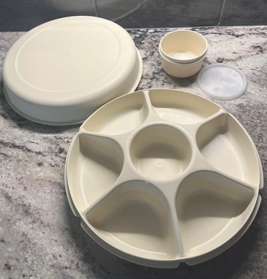 Vintage Tupperware 7 Section Divided Serving Tray w/Lid and Dip Container w/Lid-image