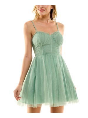 CITY STUDIO Womens Green Lined Bodice Spaghetti Strap Short Dress Juniors 34-image