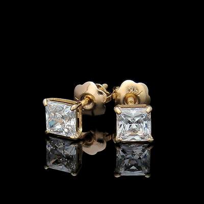 1.5ct Princess Simulated Diamond Earrings Square Stud 14K Yellow Gold Screw-Back-image