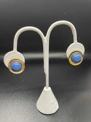 Stud Earrings Blue Dome Gold Tone Edge-image