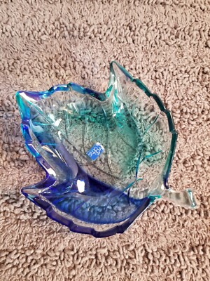 Studio Nova Cobalt Blue/Green Maple leaf Art Glass Candy/Trinket Dish 1.5