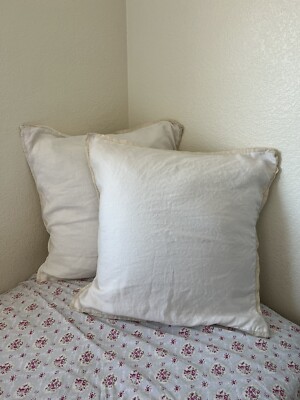 POTTERY BARN LINEN EURO SQUARE SHAMS PAIR WHITE WITH TAN EDGING 26x26-image