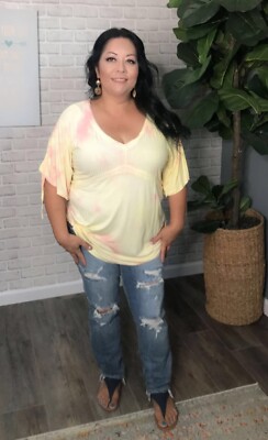 POL V Neck Rushed sleeve strawberry Cheesecake Tie Dye Tunic Top S M L XL-image