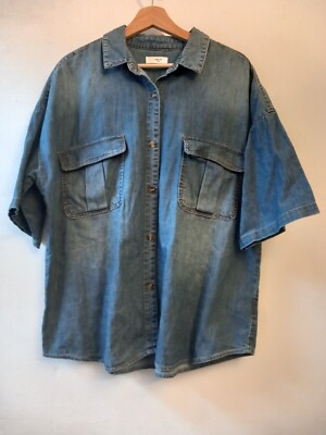 Labdip Paris Adel blue denim blouse shirt pockets short sleeve Lab dip sz L-image