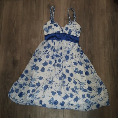 Women's Studio Y Sleeveless A Line Dress 7/8 White Blue Floral Print Sweetheart-image