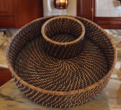 Rattan Woven Round Chip & Dip Tray Large Dark Brown Divided-image