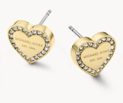 🔥🔥Michael Kors Gold Toned Heart Shaped Stainless Steel Stud Crystals Earrings-image