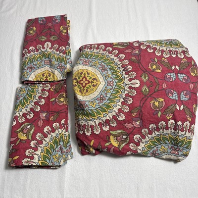 Pottery Barn Duvet Cover Full Queen Della Medallion Red 2 Standard Shams Boho-image