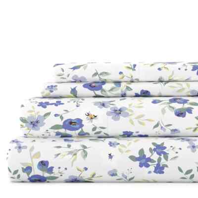 Full size bed sheets. 4 pieces. Ultra soft blossoms. Blue, white, floral-image