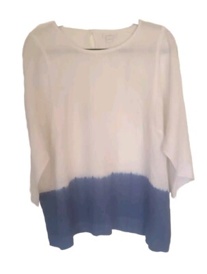 J. Jill Boxy Pullover Dip Dyed Linen Shirt Beach Lagenlook Blue White Women's  L-image