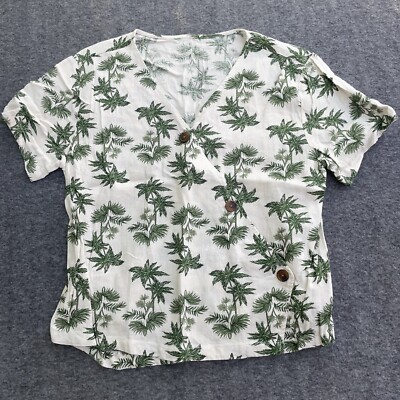 Dip Womens White Blouse Shirt Top SzXL 19” Pit 2 Pit Palm Tree Print Linen Blend-image