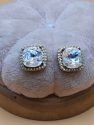 ORIGAMI OWL Signed  SWAROVSKI Crystal & Yellow Gold Plated Cushion Cut Earrings-image