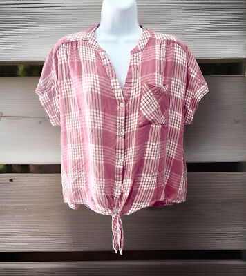 Dip XL Woman’s Lightweight Pink Plaid Button Shirt Front Tie Short Sleeve-image
