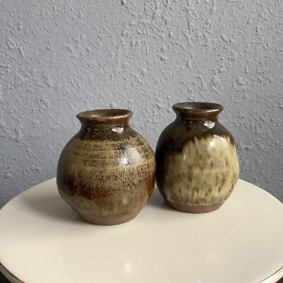 Two Small Brown Glazed Handmade Studio Art Pottery Signed Earthtones -image