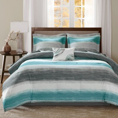 AQUA GREY 9pc Queen COMFORTER + SHEETS : WATERCOLOR BEACH COTTAGE COASTAL -image
