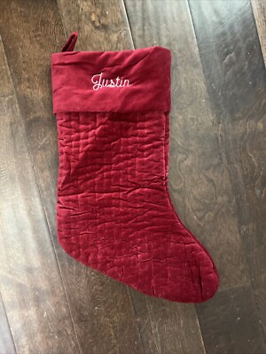 New Pottery Barn Channel Quilted Velvet Christmas Red Medium Stocking *Justin-image