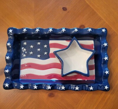 VTG Home Interiors 2002 American Flag Patriotic 2 Piece Chip & Dip Serving Set-image