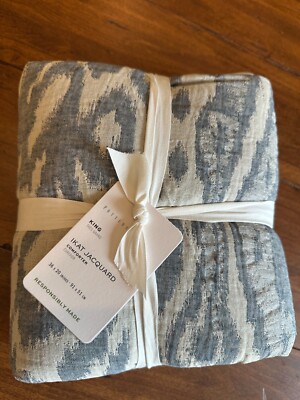 Single (1) Pottery Barn Ikat Jacquard Pillow Sham King Chambray Blue New w/tags-image
