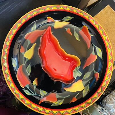 RoundCLAY ART LA MESA Large Chili Pepper Hand Painted Serving Platter & Dip Bowl-image