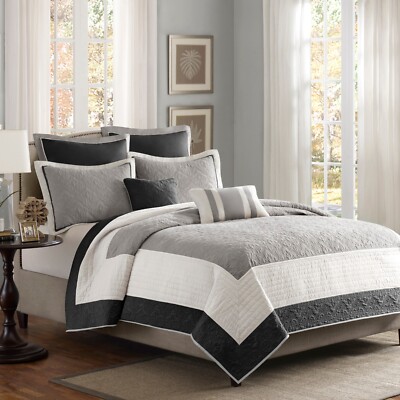 Madison Park 7 Piece Quilt Set with Euro Shams and Throw Pillows Queen King-image