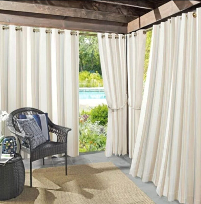 1 Pair Sun Zero 54x95 Valencia Striped Indoor/Outdoor Curtain Panels Khaki-image
