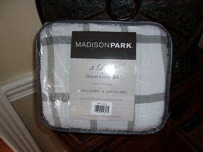 Madison Park Beige Taupe Plaid Seersucker King/Cal King Duvet Cover Set 3pc-image