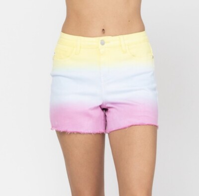 Judy Blue Large Cut Off  Denim Shorts Dip Dye Ombre Yellow Blue Pink  Frayed NWT-image