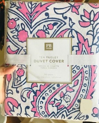 Pottery Barn Tea Paisley Duvet Cover Queen Pink Navy Blue Boho Dorm Teen New-image