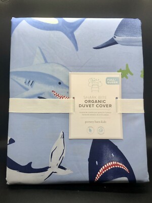 Pottery Barn Kids Shark Bite Full Queen Duvet Cover Blue Ocean Beach Fish Sea-image