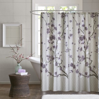 Madison Park Holly Modern Cotton Fabric Long Shower Curtain , Floral Shower C...-image