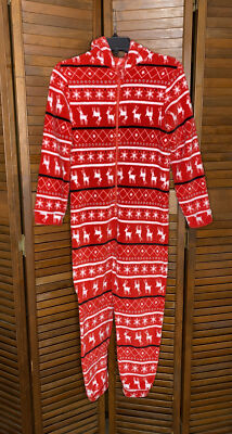 Dip Red and White Reindeer and Snowflakes One-Piece Hooded Pajamas Child Large-image