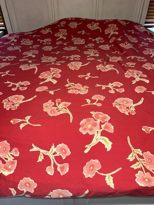 Pottery Barn 100% Cotton Duvet Cover King Sz Red With Pink /Green Floral ISSUE-image