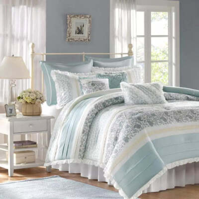Madison Park Vanessa Comforter Set Cotton Percale Queen Size in Aqua (9-Piece)-image