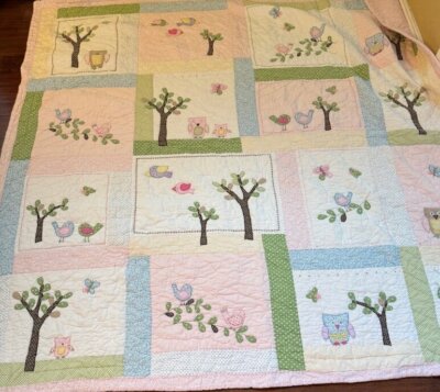 Pottery Barn Kids Girls Hayley Pink Green Dot Owl Bird Cotton Quilt Full/Queen-image