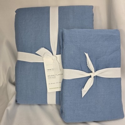 Pottery Barn Belgian Double Flange Flax Linen Twin Duvet  & Sham Cornflower  NEW-image