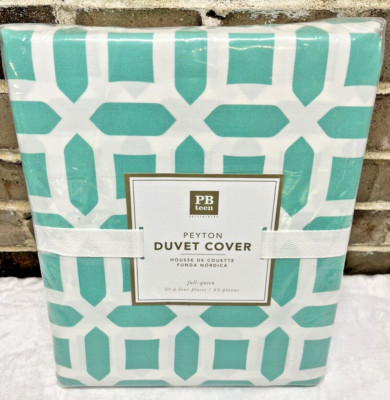 Pottery Barn Teen Teal Aqua Peyton Geometric Duvet Cover Full Queen Bedding NEW-image