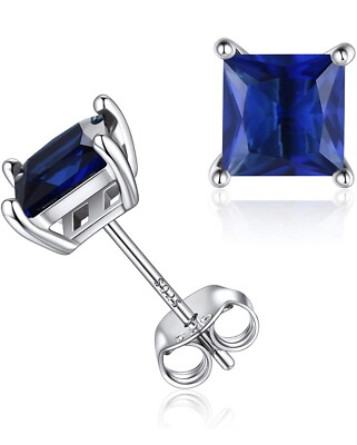 Sterling Silver Lab-Created Sapphire Princess Cut Square Studs Earrings UNISEX-image