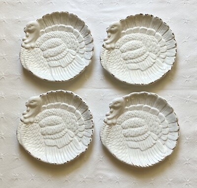 VTG White Pottery Barn Turkey Plates Salad/Dessert 9” Farmhouse Set Of 4 -image